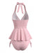 Set Tankini Rosa Anni '50 a Quadri a Volant con Scollo All'americana