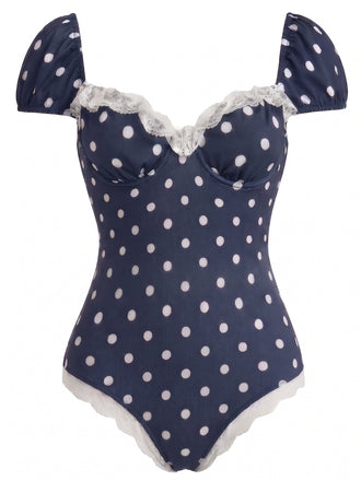 [Prevendita] Costume Intero Blu Navy a Pois in Pizzo Anni '50