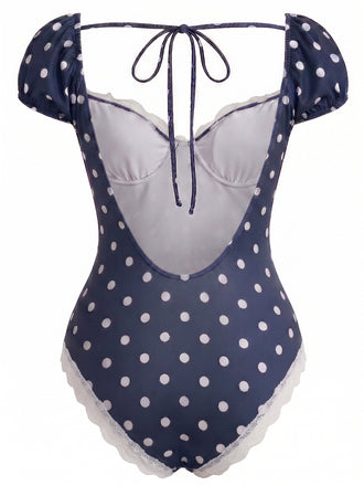 [Prevendita] Costume Intero Blu Navy a Pois in Pizzo Anni '50 2