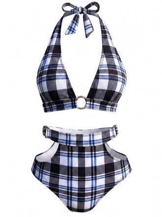 [Prevendita] Costume da Bagno a Quadri Halter Hollow - Blu Scuro Anni '40