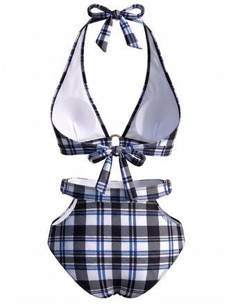 [Prevendita] Costume da Bagno a Quadri Halter Hollow - Blu Scuro Anni '40 2