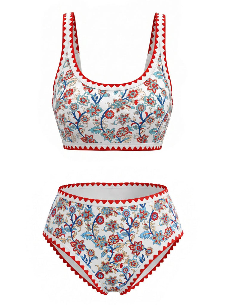 Set Tankini Rosso Anni '50 Floreale con Scollo a U con Bordo Zigzag