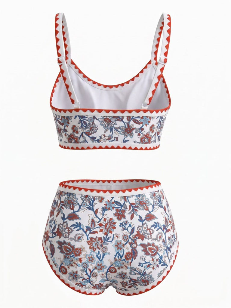 Set Tankini Rosso Anni '50 Floreale con Scollo a U con Bordo Zigzag