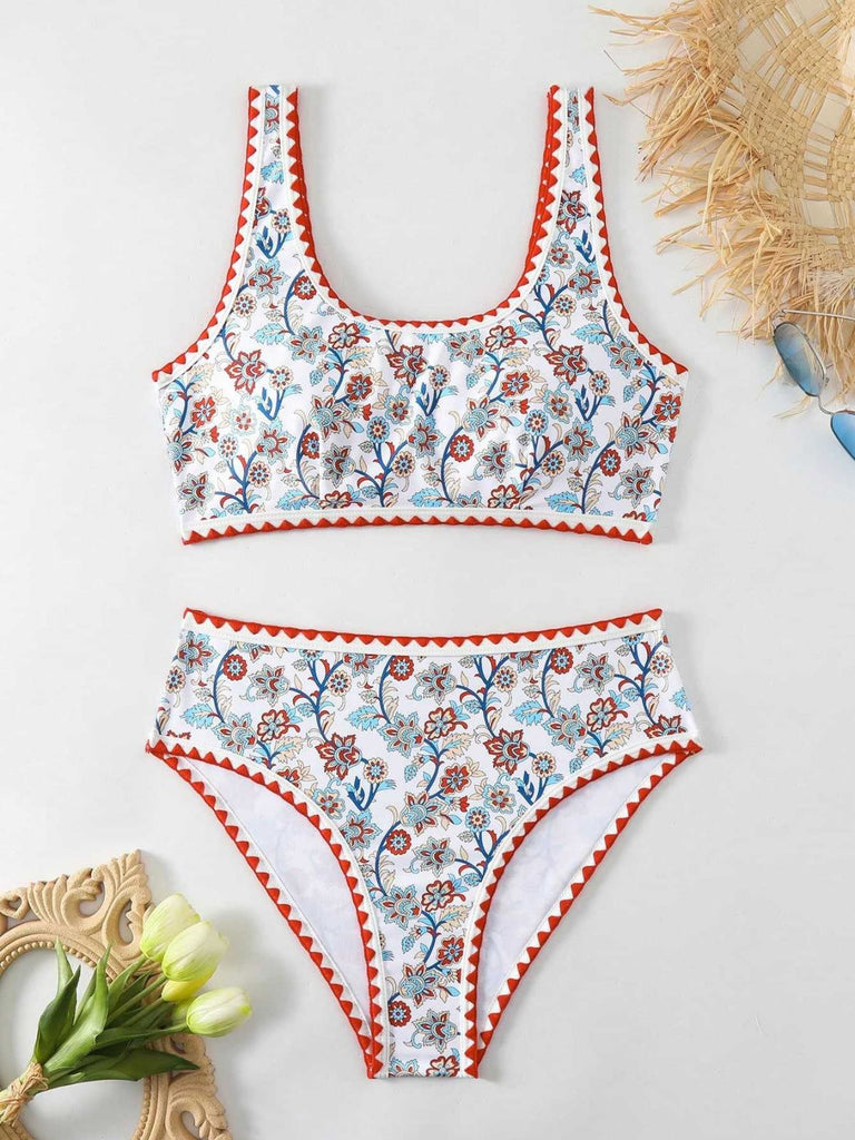 Set Tankini Rosso Anni '50 Floreale con Scollo a U con Bordo Zigzag