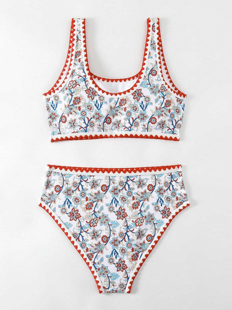 Set Tankini Rosso Anni '50 Floreale con Scollo a U con Bordo Zigzag