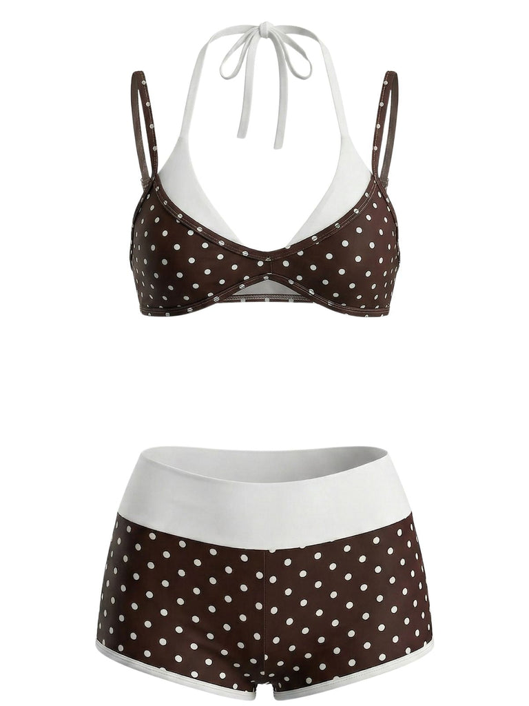 [Prevendita] Costume da Bagno a Pois Doppio Strato - Marrone Anni '50