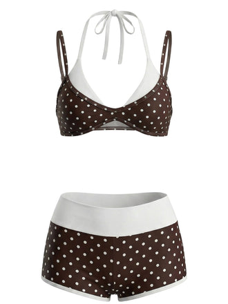 [Prevendita] Costume da Bagno a Pois Doppio Strato - Marrone Anni '50