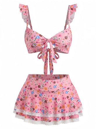 Bikini Set con Spalline a Volant con Bordi in Pizzo a Fiorellini Anni '40 2