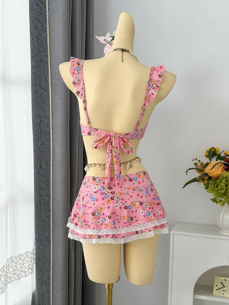 Bikini Set con Spalline a Volant con Bordi in Pizzo a Fiorellini Anni '40 5