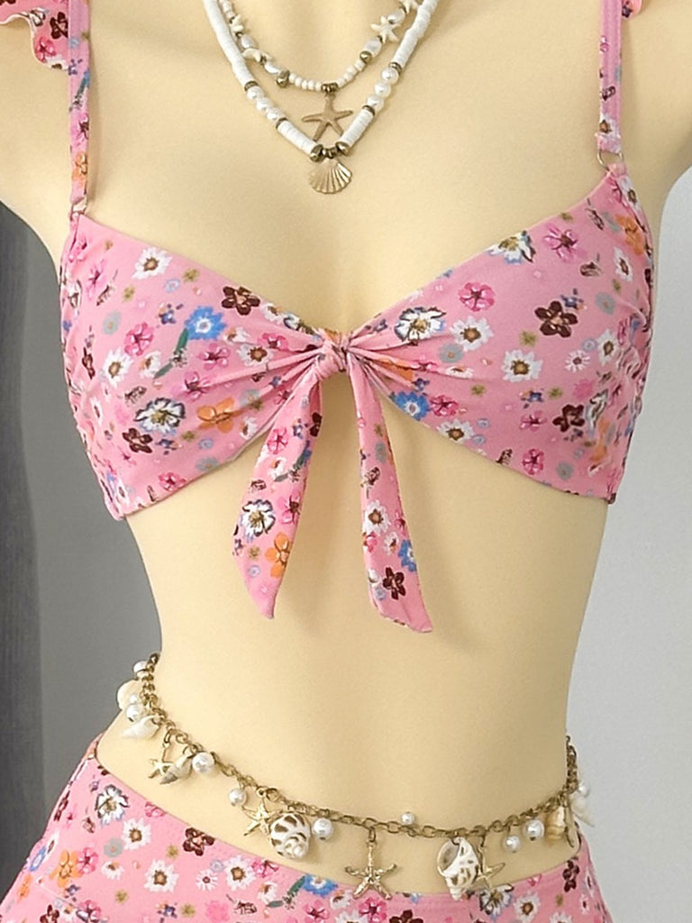 Bikini Set con Spalline a Volant con Bordi in Pizzo a Fiorellini Anni '40 7