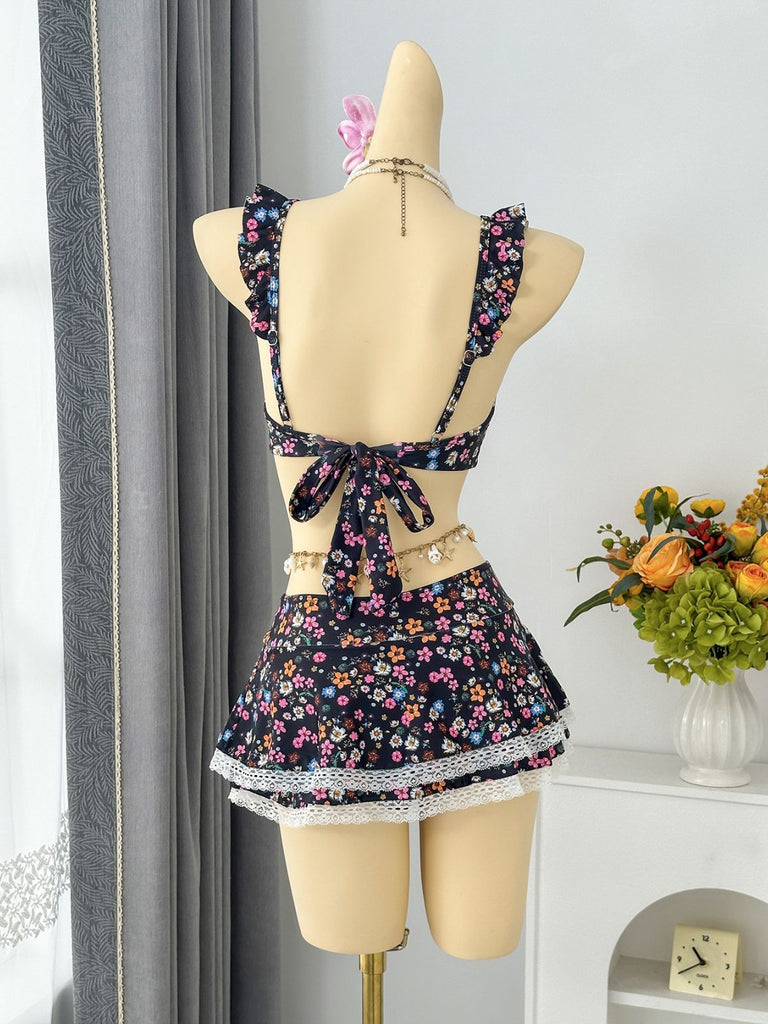 Bikini Set con Spalline a Volant con Bordi in Pizzo a Fiorellini Anni '40 15