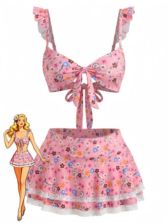 Bikini Set con Spalline a Volant con Bordi in Pizzo a Fiorellini Anni '40