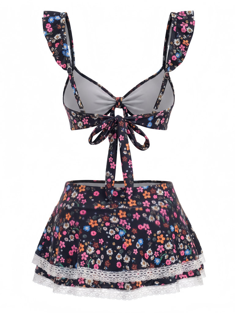 Set Bikini Anni '40 Floreale in Pizzo con Spalline a Volant