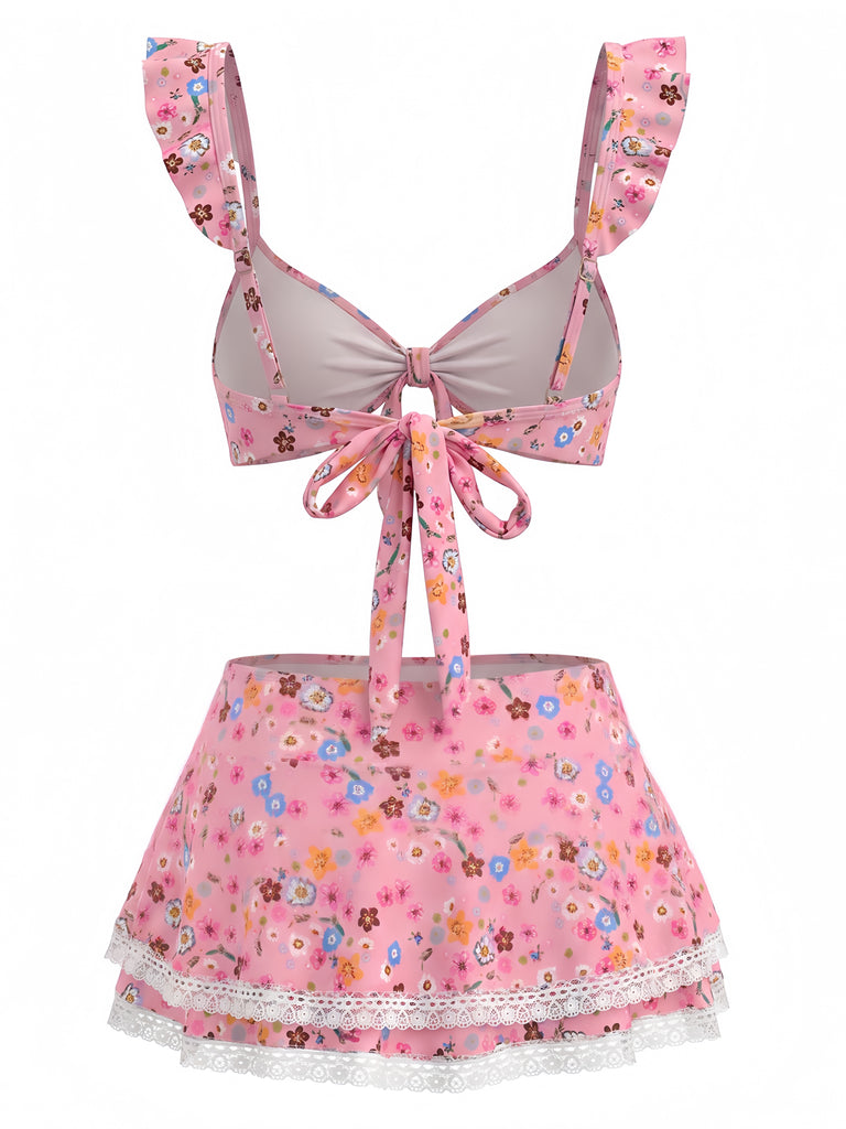 Set Bikini Anni '40 Floreale in Pizzo con Spalline a Volant