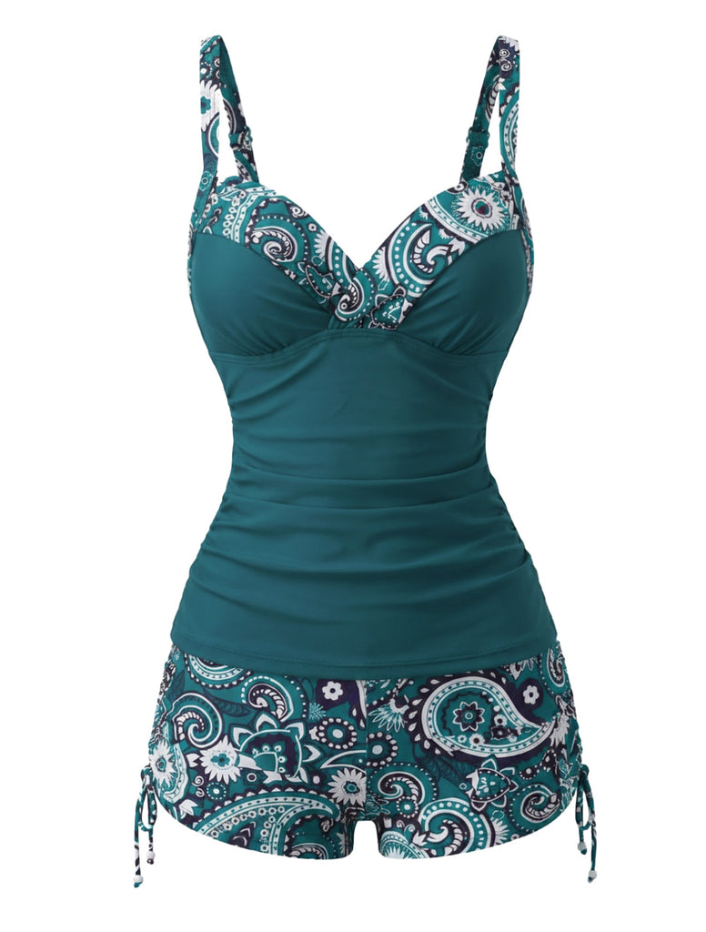 Set Tankini Anni '70 Bohémien con Scollo a V con Cinturino