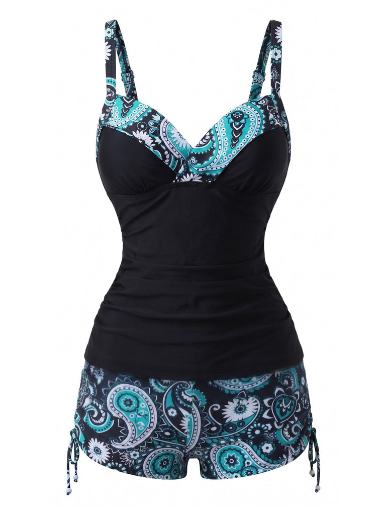 Set Tankini Anni '70 Bohémien con Scollo a V con Cinturino