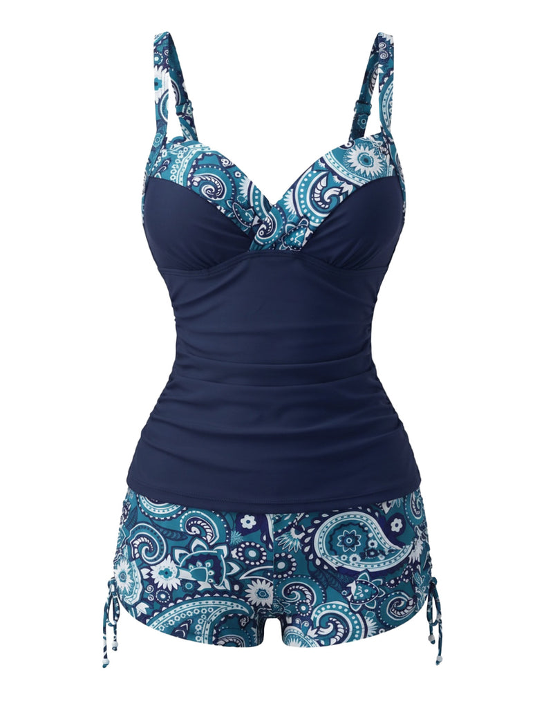 Set Tankini Anni '70 Bohémien con Scollo a V con Cinturino