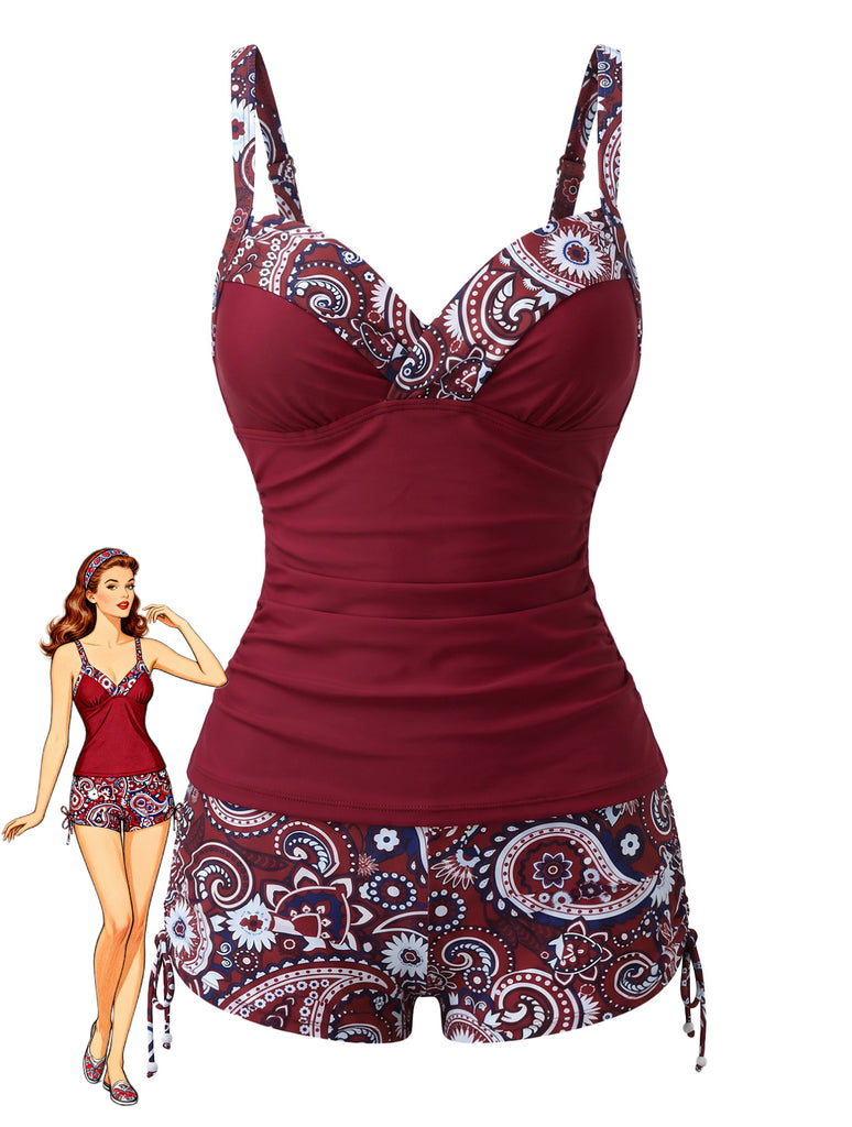 Set Tankini Anni '70 Bohémien con Scollo a V con Cinturino