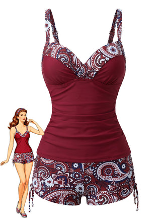Set Tankini Anni '70 Bohémien con Scollo a V con Cinturino