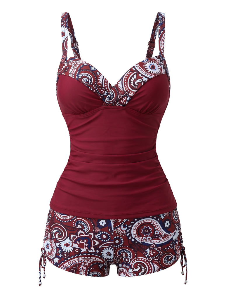 Set Tankini Anni '70 Bohémien con Scollo a V con Cinturino