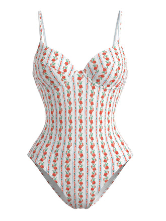 Costume Intero con Spalline Sottili a Fiorellini Arancione Anni '50