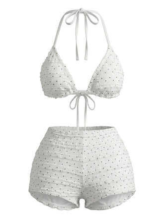 Bikini Set Arricciato con Allacciatura al Collo a Pois Bianco Anni '50