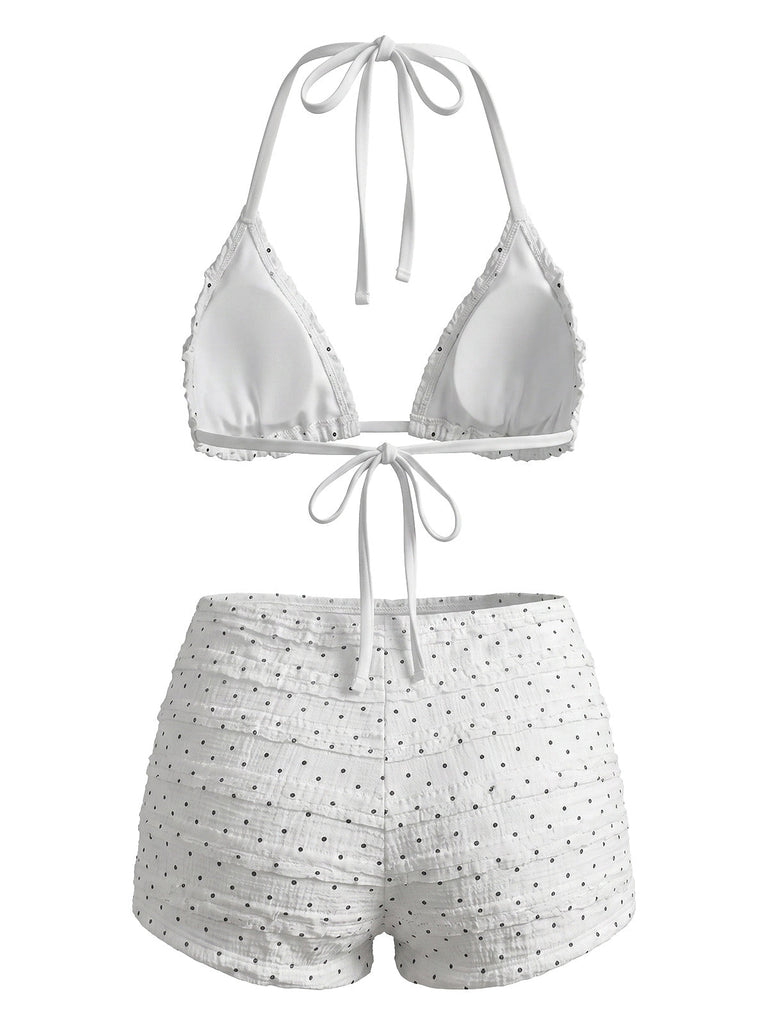 Bikini Set Arricciato con Allacciatura al Collo a Pois Bianco Anni '50 5