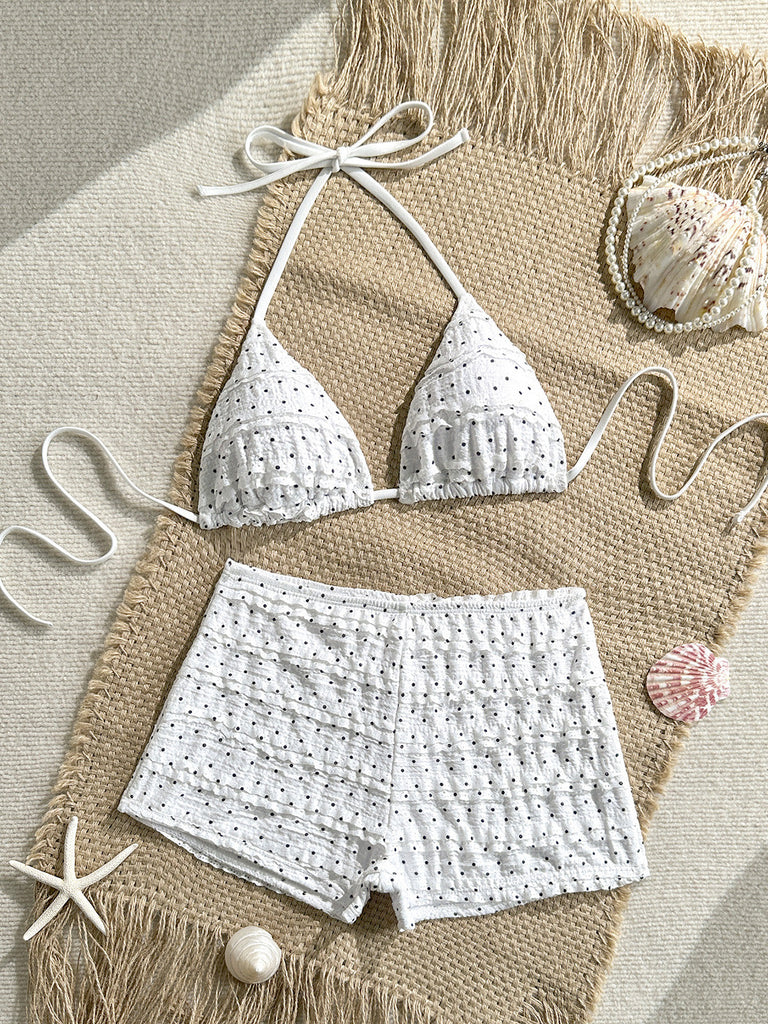 Bikini Set Arricciato con Allacciatura al Collo a Pois Bianco Anni '50 6