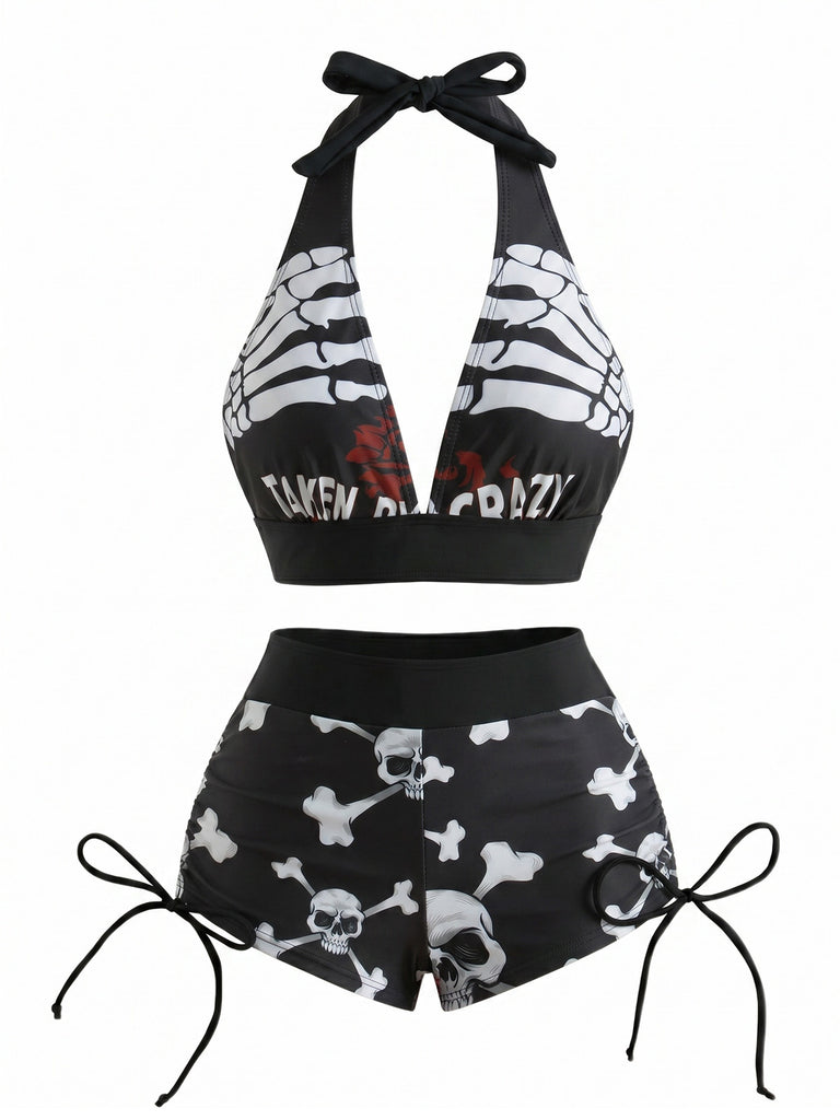 Set Bikini Anni '80 Punk con Teschio e Scollo All'americana