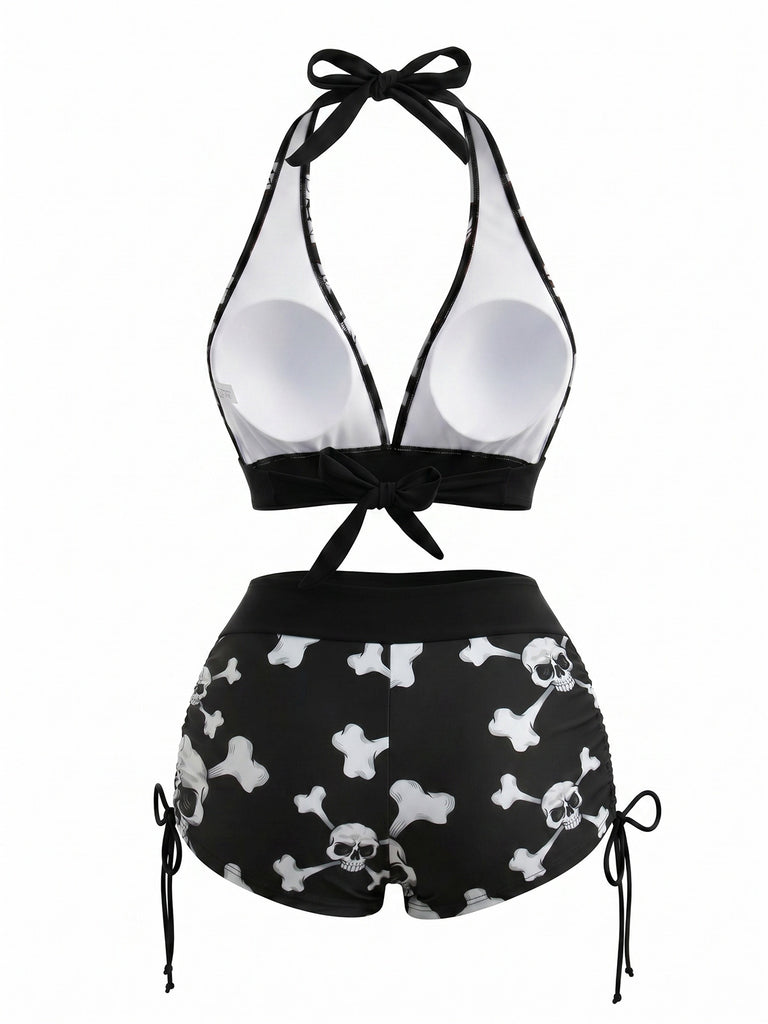 Set Bikini Anni '80 Punk con Teschio e Scollo All'americana