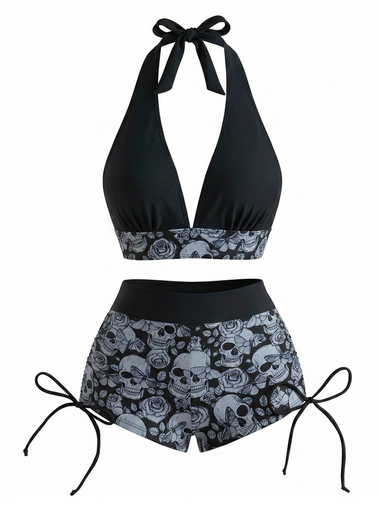Set Bikini Anni '80 Punk con Teschio e Scollo All'americana