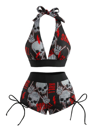 Set Bikini Anni '80 Punk con Teschio e Scollo All'americana