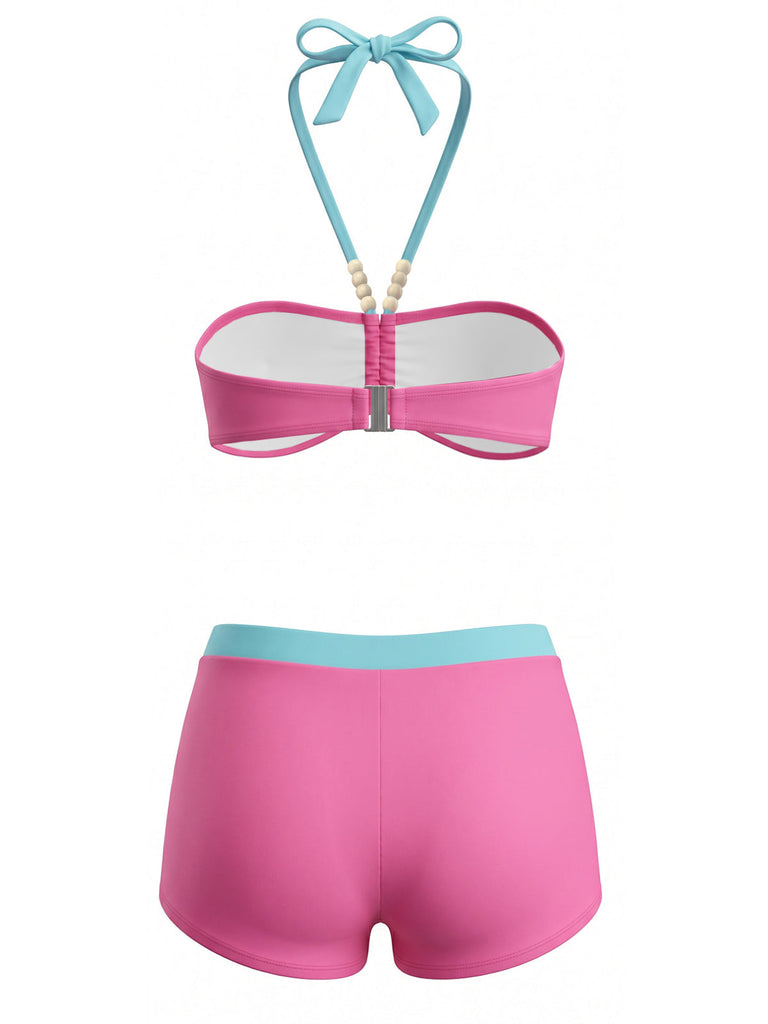 Bikini Set con Allacciatura al Collo Arricciato Frontale Stampa Floreale Rosa Anni '80 3