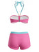 Bikini Set con Allacciatura al Collo Arricciato Frontale Stampa Floreale Rosa Anni '80 3