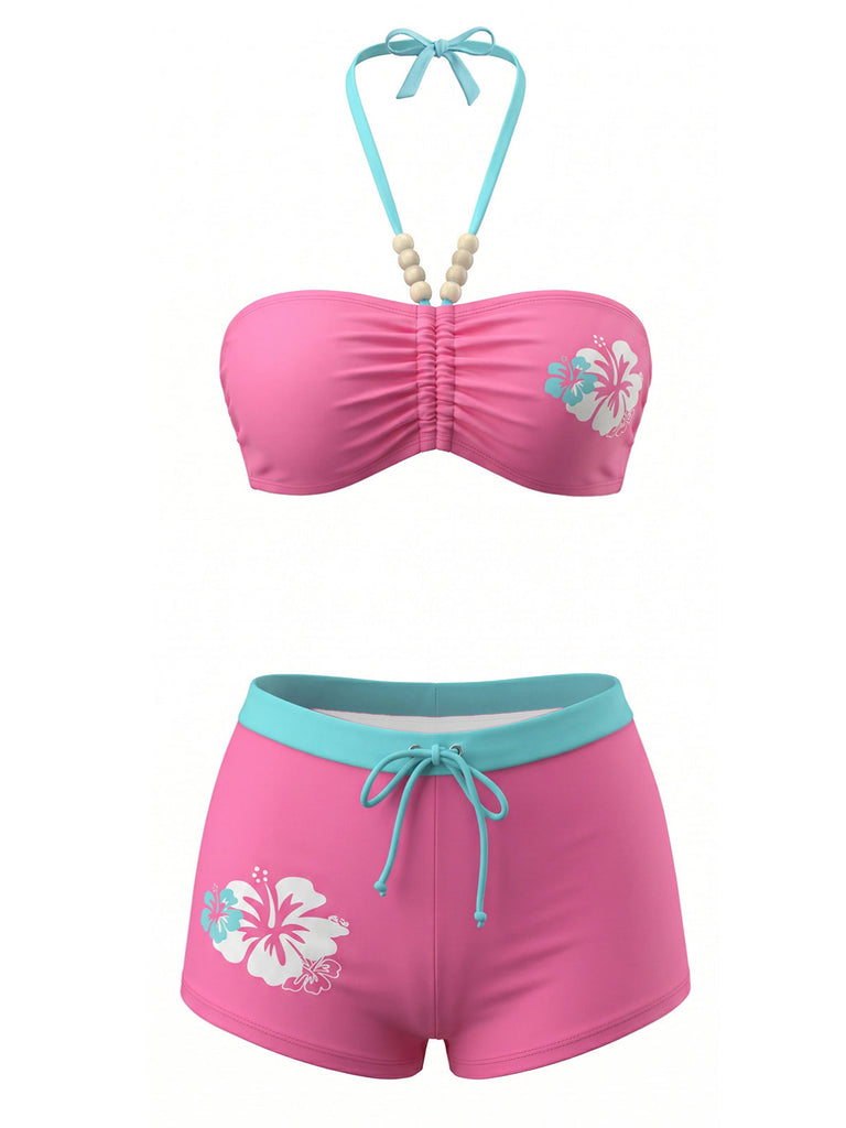 Bikini Set con Allacciatura al Collo Arricciato Frontale Stampa Floreale Rosa Anni '80 2