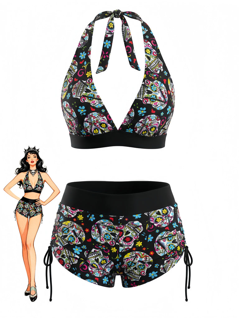 Bikini Set Gotico con Allacciatura al Collo Teschio di Zucchero Multicolore Anni '80