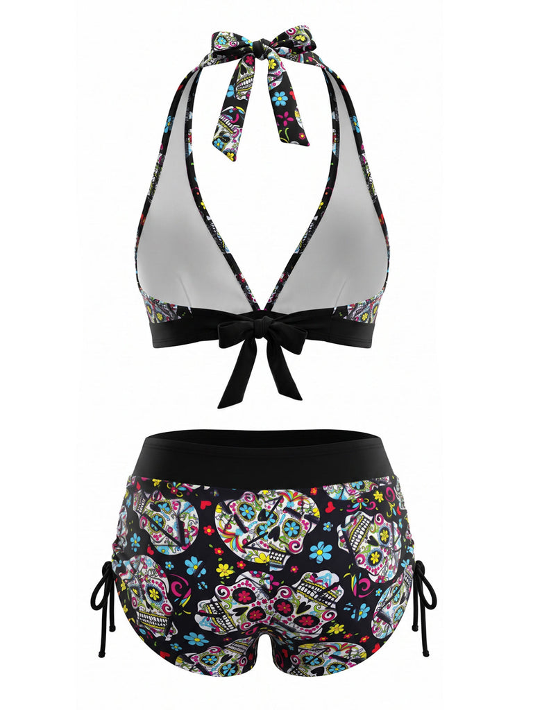Bikini Set Gotico con Allacciatura al Collo Teschio di Zucchero Multicolore Anni '80 3
