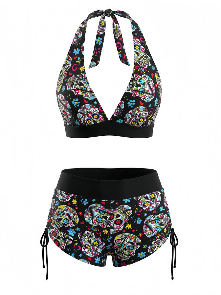 Bikini Set Gotico con Allacciatura al Collo Teschio di Zucchero Multicolore Anni '80 2