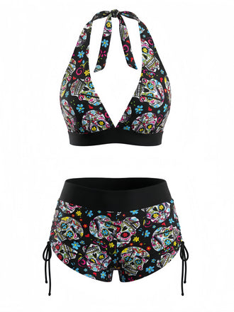 Bikini Set Gotico con Allacciatura al Collo Teschio di Zucchero Multicolore Anni '80 2