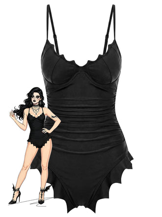 [Prevendita] Costume Intero Nero Gotico con Orlo a Pipistrello Anni '50