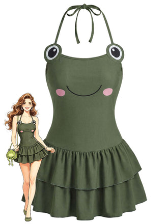 [Prevendita] Swimdress Verde con Stampa Rana e Volant Anni '50