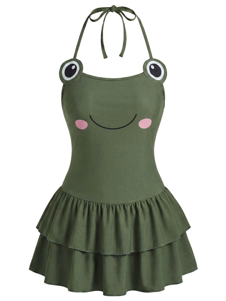 [Prevendita] Swimdress Verde con Stampa Rana e Volant Anni '50 2
