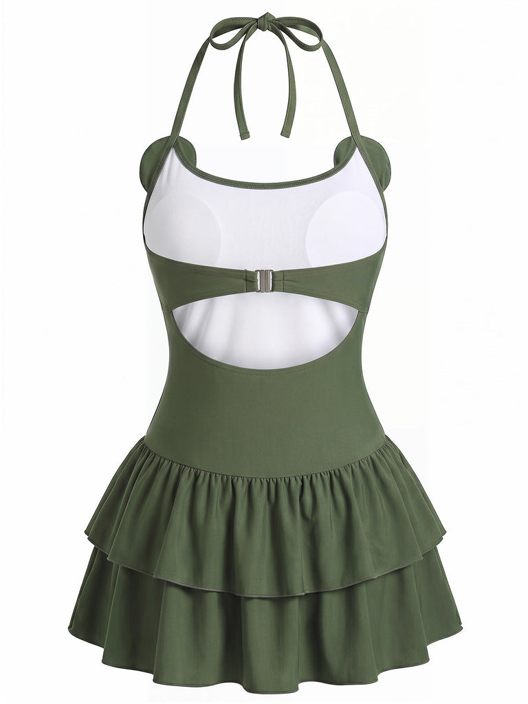 [Prevendita] Swimdress Verde con Stampa Rana e Volant Anni '50 5