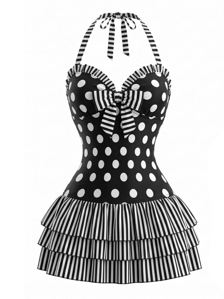 [Prevendita] Costume Intero con Gonna con Fiocco a Pois con Allacciatura al Collo Nero Anni '40
