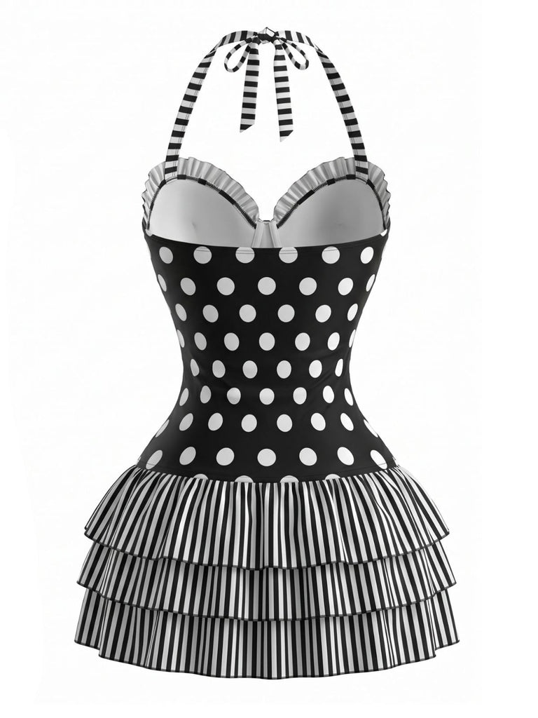 [Prevendita] Costume Intero con Gonna con Fiocco a Pois con Allacciatura al Collo Nero Anni '40 2