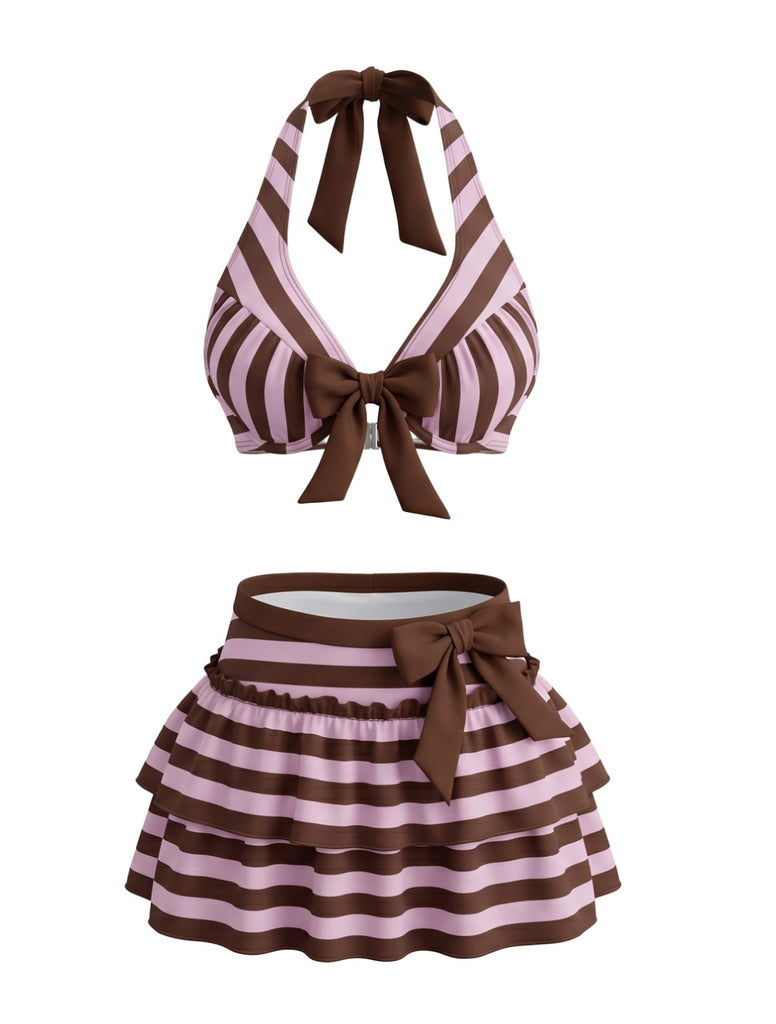 Set Bikini Viola Anni '50 a Righe con Fiocco e Volant