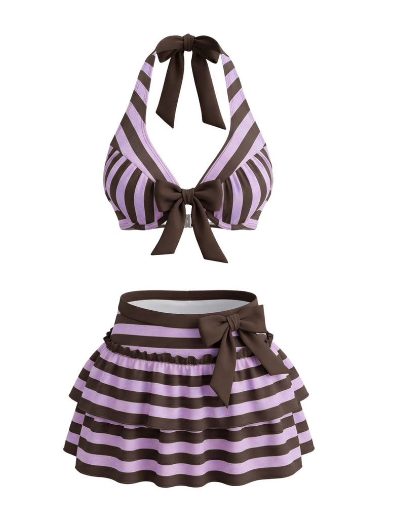 Set Bikini Viola Anni '50 a Righe con Fiocco e Volant