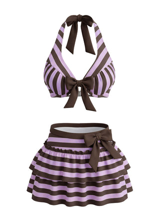 Set Bikini Viola Anni '50 a Righe con Fiocco e Volant