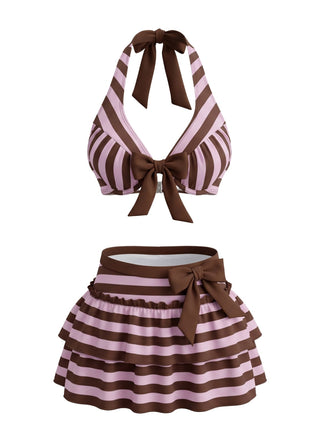 Set Bikini Viola Anni '50 a Righe con Fiocco e Volant