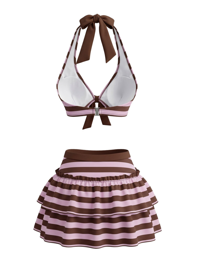 Set Bikini Viola Anni '50 a Righe con Fiocco e Volant